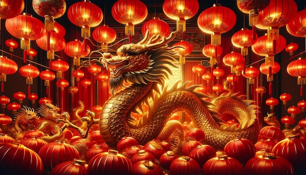 A golden Chinese dragon amidst red paper lanterns