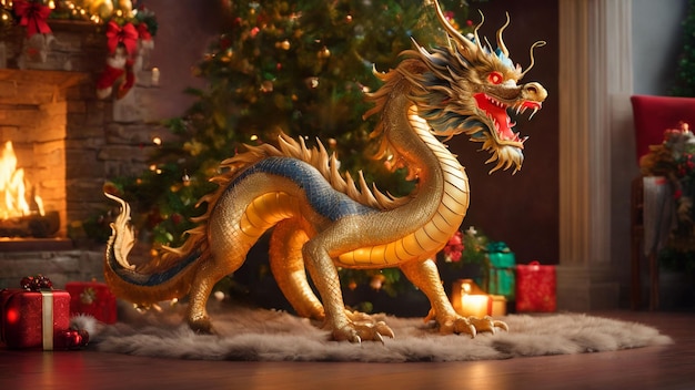 Photo a golden chinese dragon near the christmas tree