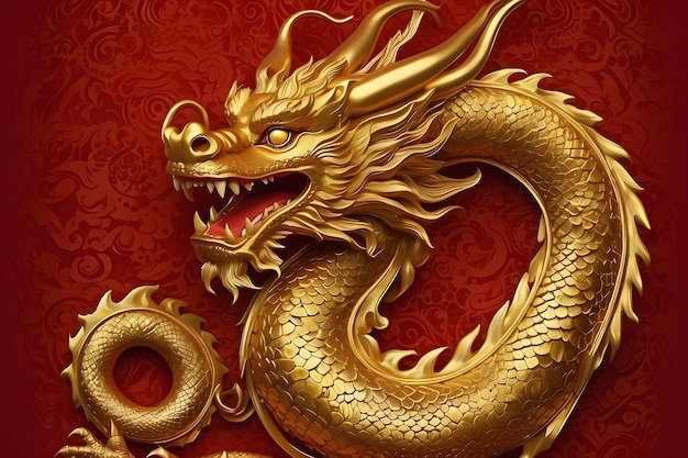 黄金の中国のドラゴン 赤い背景にコピースペース 空の背景