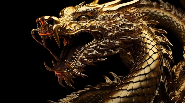 Golden Chinese dragon with open mouth in body bending pose on black background