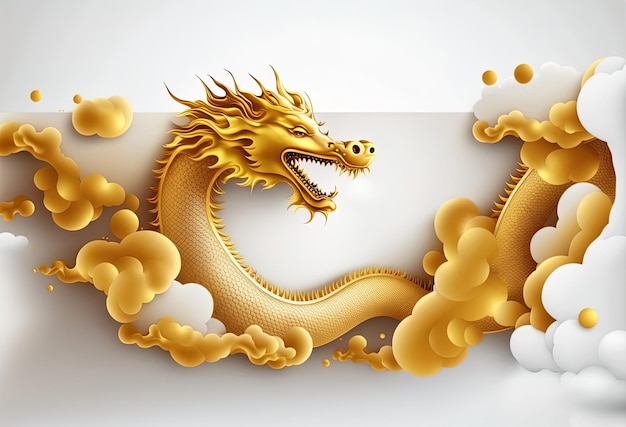 Golden chinese dragon with paper clouds on yellow