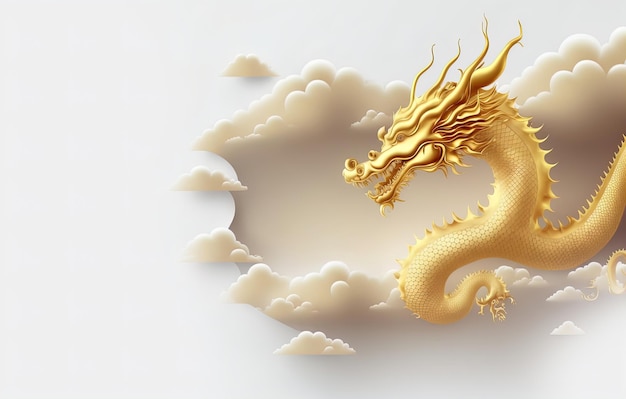 Photo golden chinese dragon with paper clouds on yellow