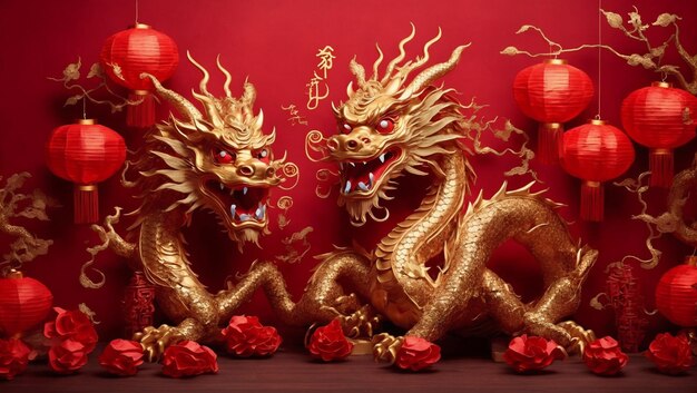 golden chinese dragon with paper lanterns on red background paper art style