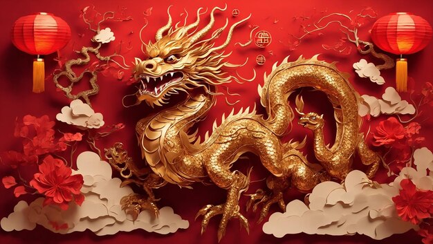 golden chinese dragon with paper lanterns on red background paper art style