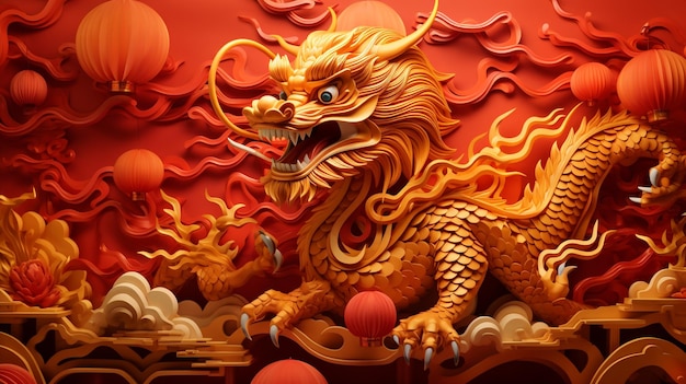 Golden chinese dragon with paper lanterns on red