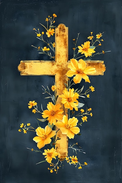 金色のキリスト教の十字架 葉と花 イースターの祝日 キリスト教の目覚めの生命のシンボル