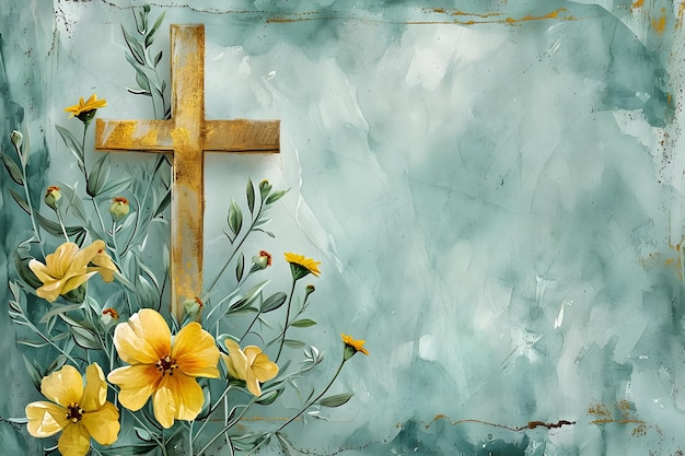 잎과 꽃으로 된 금색 기독교 십자가 부활절 크리스천 깨어나는 삶의 상징