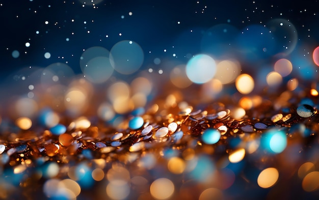 Golden Christmas background with bokeh defocused lights and snowflakes