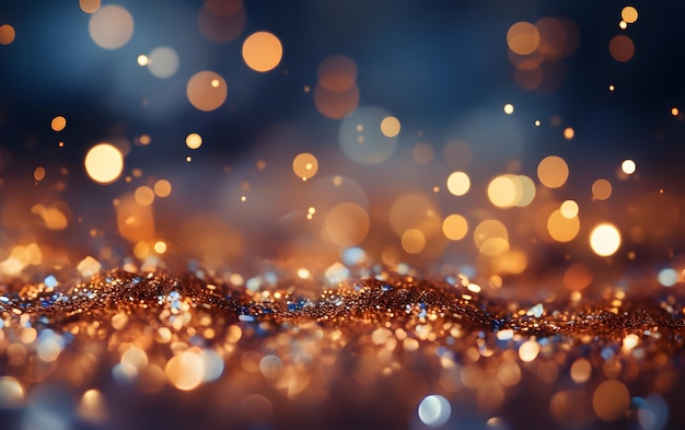 Golden Christmas background with bokeh defocused lights and snowflakes