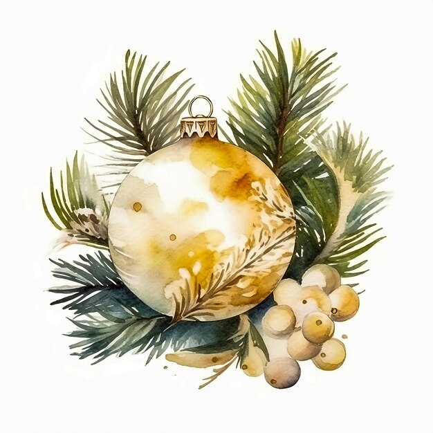 Golden christmas ball in the branches of a fir tree illustration on a white background