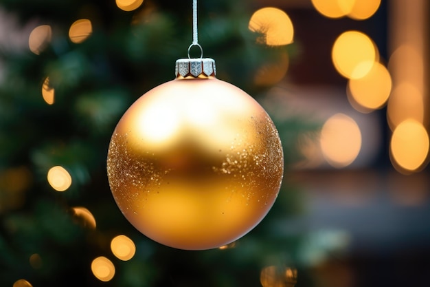 golden christmas ball on christmas tree background and bokeh