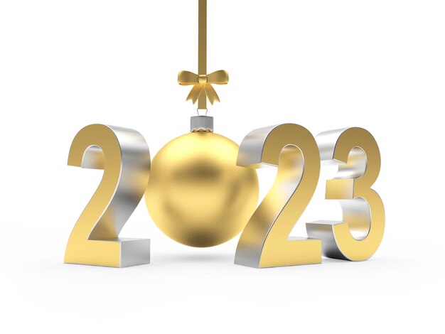 golden christmas ball hangs on a ribbon with a bow and the number of the new year.