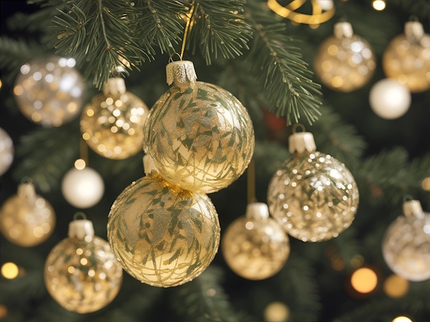 Golden christmas ball ornaments hanging from a christmas tree in a close up view