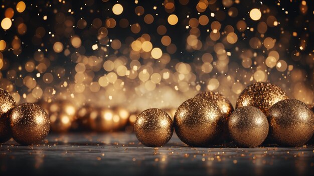 Foto palle d'oro di natale su sfondo bokeh scuro con spazio di copia banner di natale e capodanno