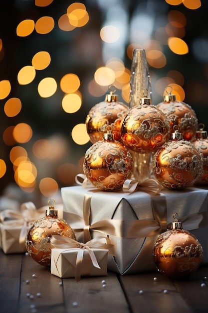 фотографии золотых рождественских шаров и подарков