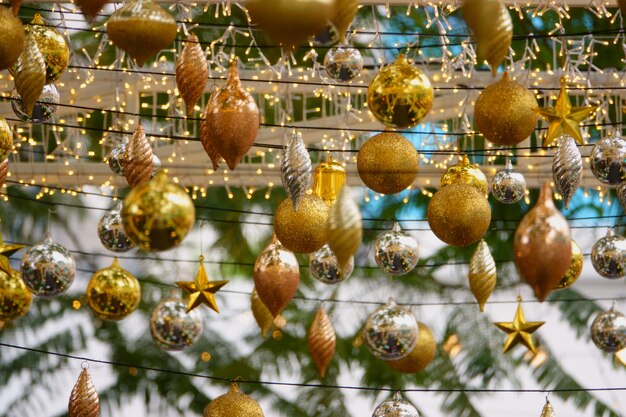 Golden Christmas  balls, silve Christmas balls and small lights