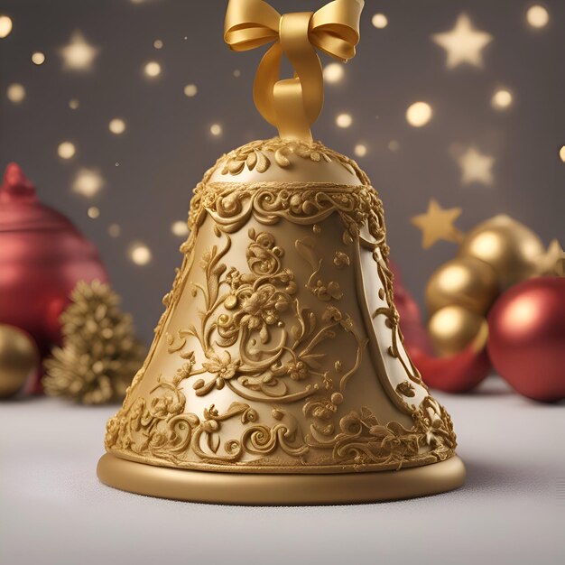 Golden Christmas bell on a background of Christmas decorations 3d rendering