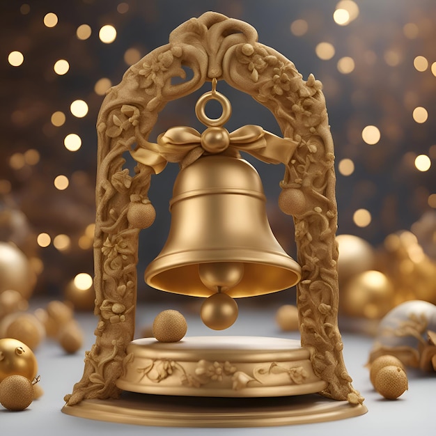 Golden christmas bell with bokeh background 3d rendering