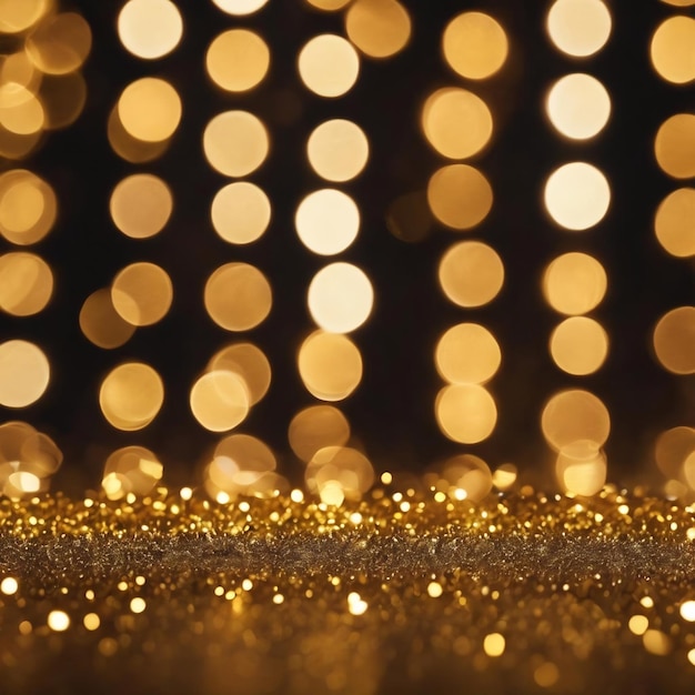 Photo golden christmas bokeh lights on dark backdrop close up