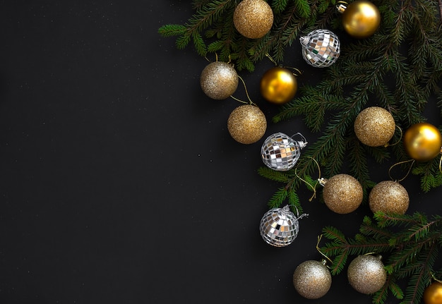 Golden Christmas flat lay decoration balls.