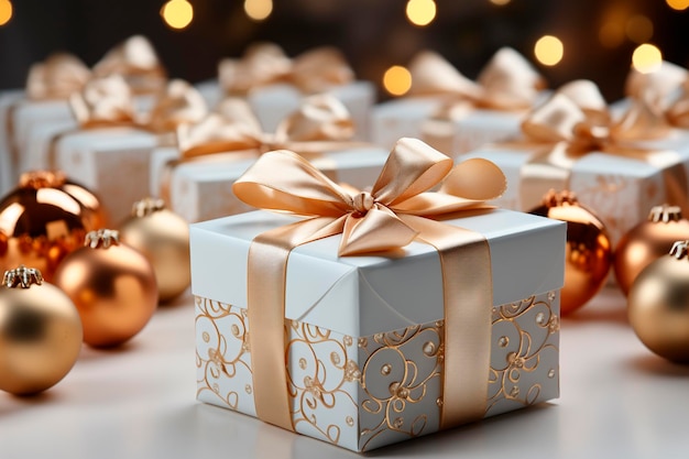 Golden christmas gift boxes with golden ribbon and bowgenerative ai