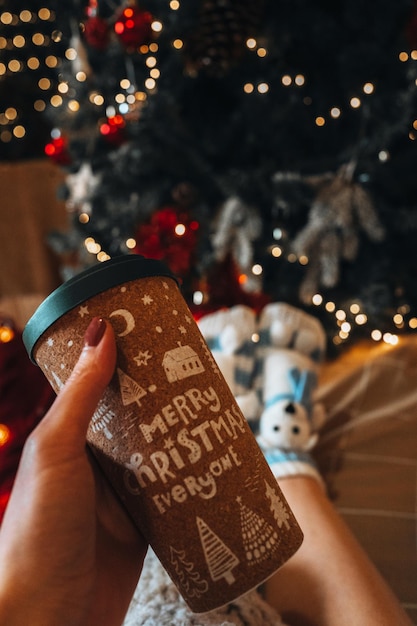 Golden Christmas light female hand cup manicure hot tea beige plastic beverage new year details