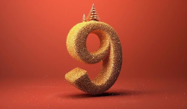 golden christmas number 9 and fir tree decoration rendered in 3d animation