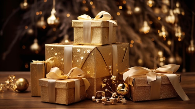 반이는 나무 에 아름답게 배열 된 황금 크리스마스 선물은 휴일 마케팅 자료에 사치스러운 치를 추가하는 데 이상적입니다.