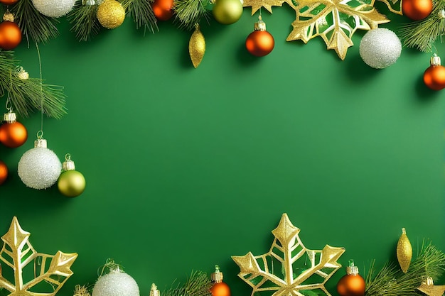 Golden Christmas snowflake stars on green background with garlands and toys. 3d digital illustration