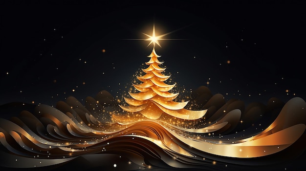 Золотая рождественская елка в абстрактной ночи на синем фонеРождественская концепция