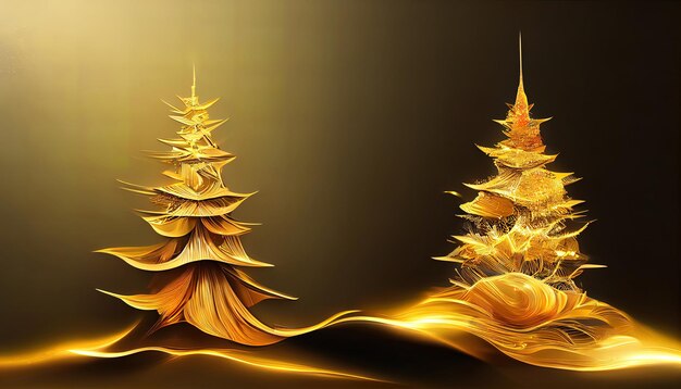 Golden Christmas Tree In Abstract Night