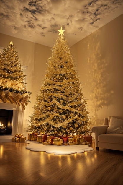 Golden Christmas tree with bright lights wallpaper banner xmas