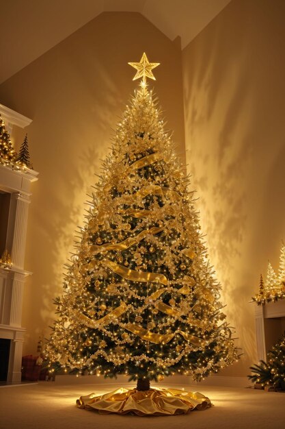 Golden Christmas tree with bright lights wallpaper banner xmas