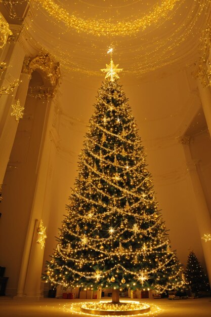 Golden Christmas tree with bright lights wallpaper banner xmas