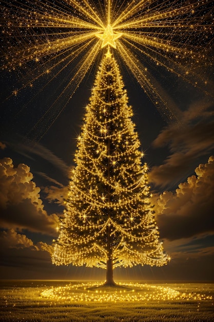 Golden Christmas tree with bright lights wallpaper banner xmas