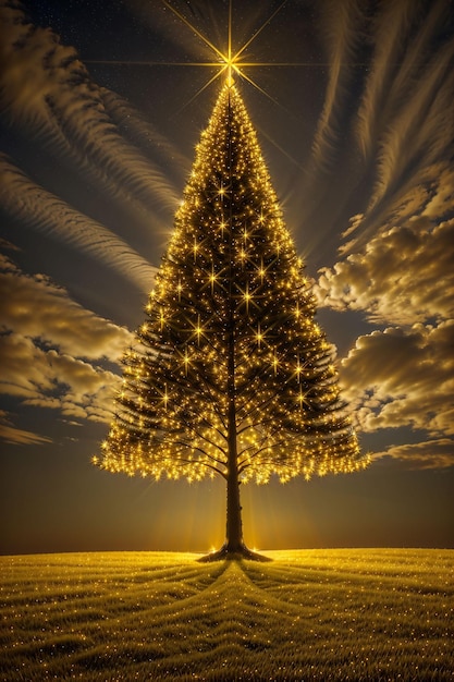 Золотая рождественская елка с яркими огнями обои баннер рождество