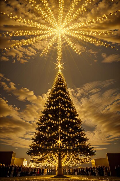 Foto albero di natale dorato con luci brillanti carta da parati banner xmas