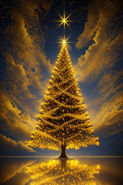 Photo golden christmas tree with bright lights wallpaper banner xmas