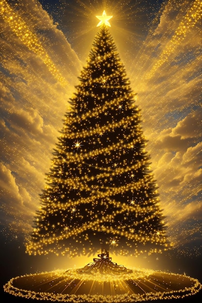 Golden Christmas tree with bright lights wallpaper banner xmas