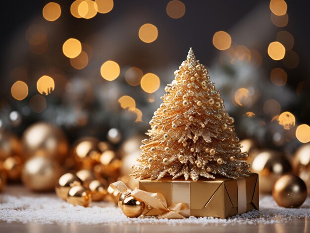 Golden Christmas Tree with Sparkling Lights Generative AI