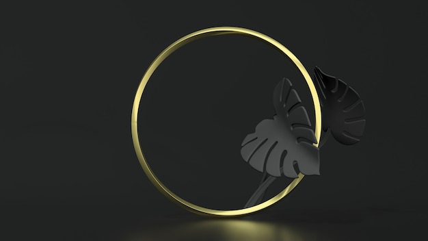 Photo golden circle frame on black background with monstera leaves. 3d illustration. top view. abstract floral geometry mockup, black key lighting.