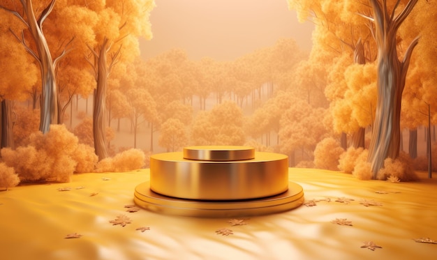 A golden circle in the middle of a forest with a golden background.