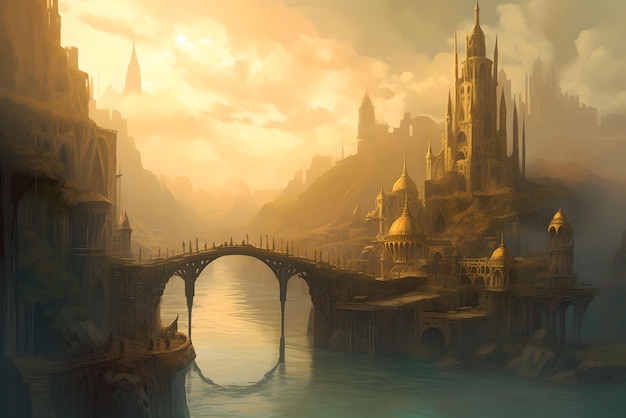 A golden city floating in the clouds connected by elegant bridge