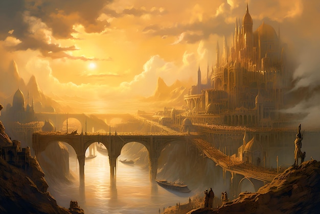 A golden city floating in the clouds connected by elegant bridge