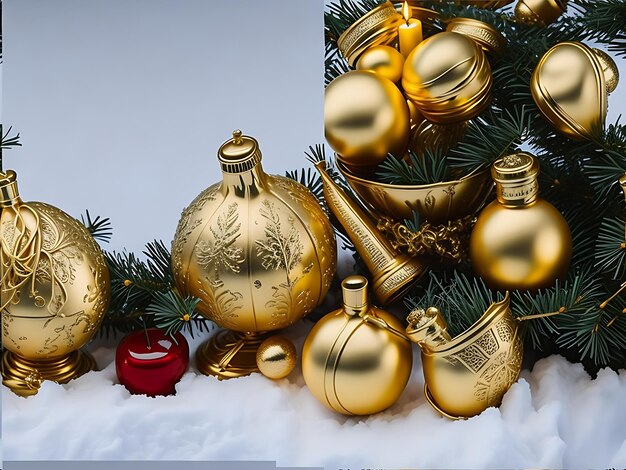 Photo golden classic christmas globes and candle with snowy wreath in background ai generation