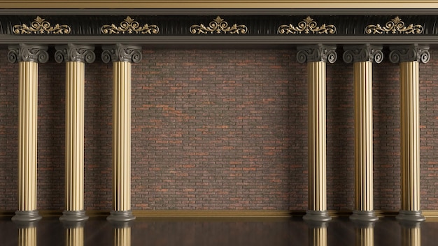 Золотые классические колонны и фон стены с кирпичами 3d рендеринг