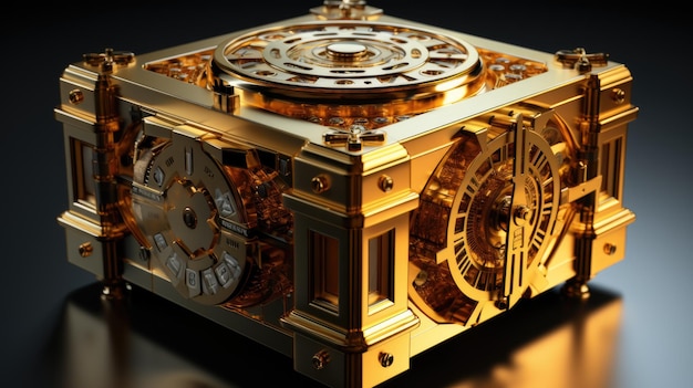 A golden clock sitting on top of a table Concept for cyber security to protect cryptocurrency