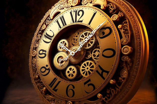 Golden clock with open clockwork with numbers and letters