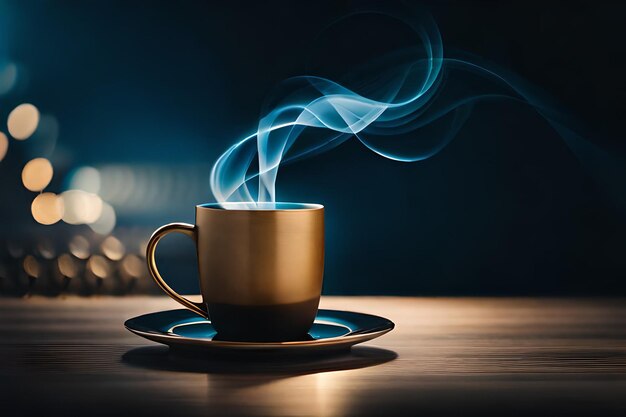 A golden coffee cup with a smoke coming out of it