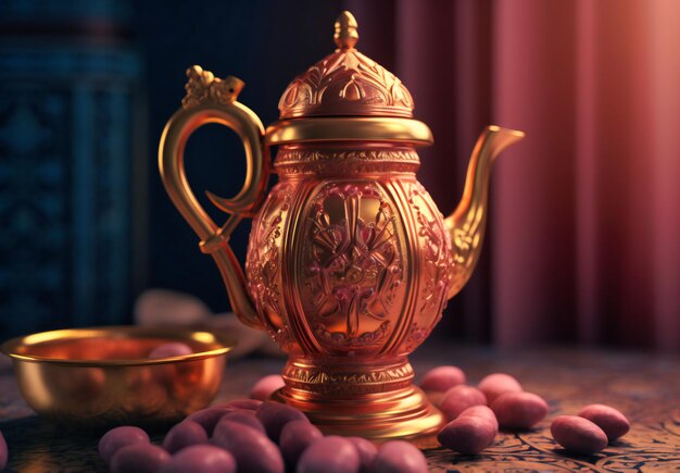 A golden coffee pot full of dates is seen